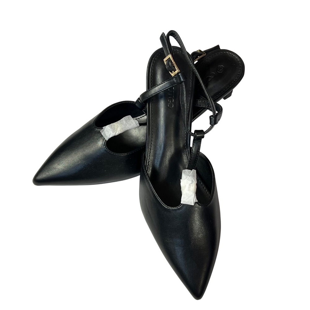 NEW Coutugo Womens Black T-Strap Pointed Toe Kitten Heel Pumps Shoes Size 8.5